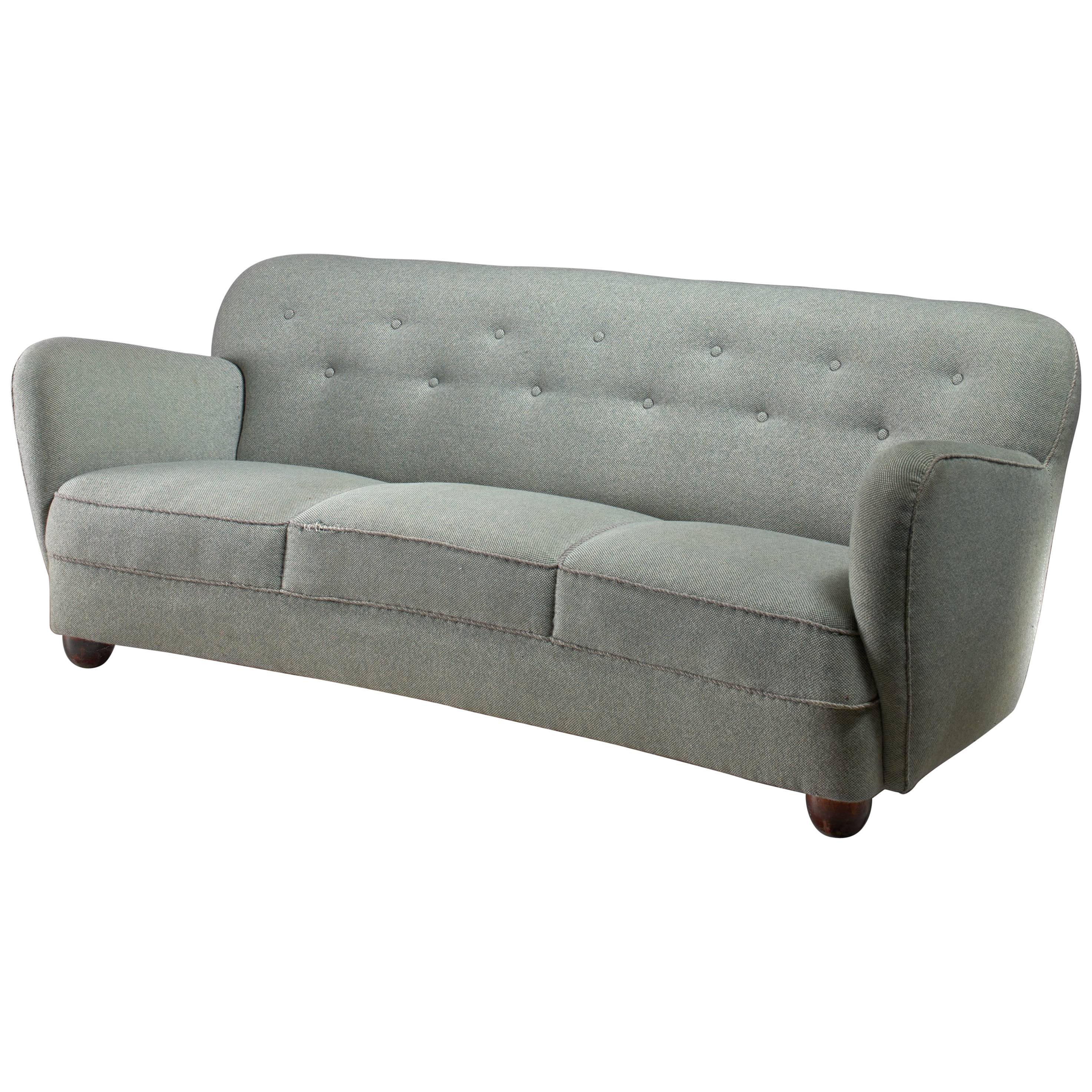 Curved Three-Seat Sofa with Light Blue Fabric Upholstery, Denmark, 1930s For Sale