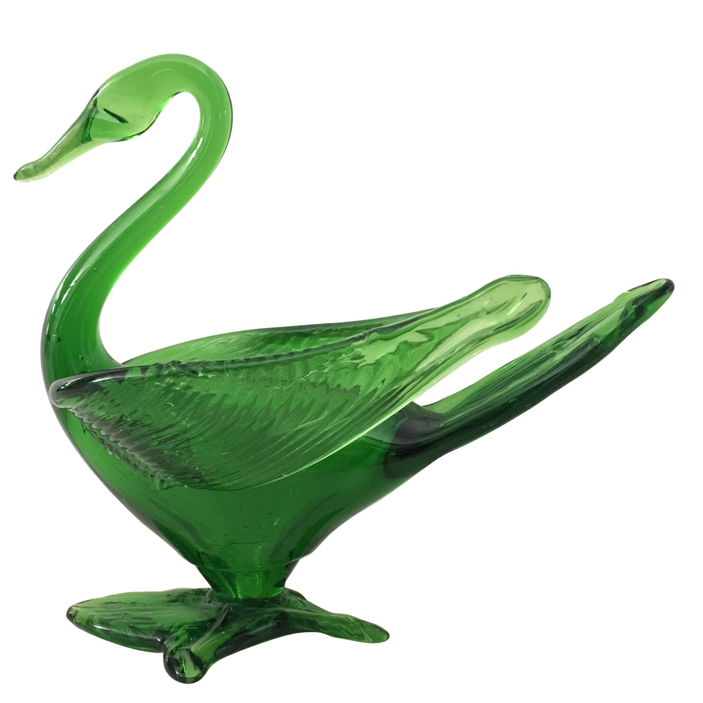 20th Century Murano Green Swan Bird Italian Art Glass Sculpture