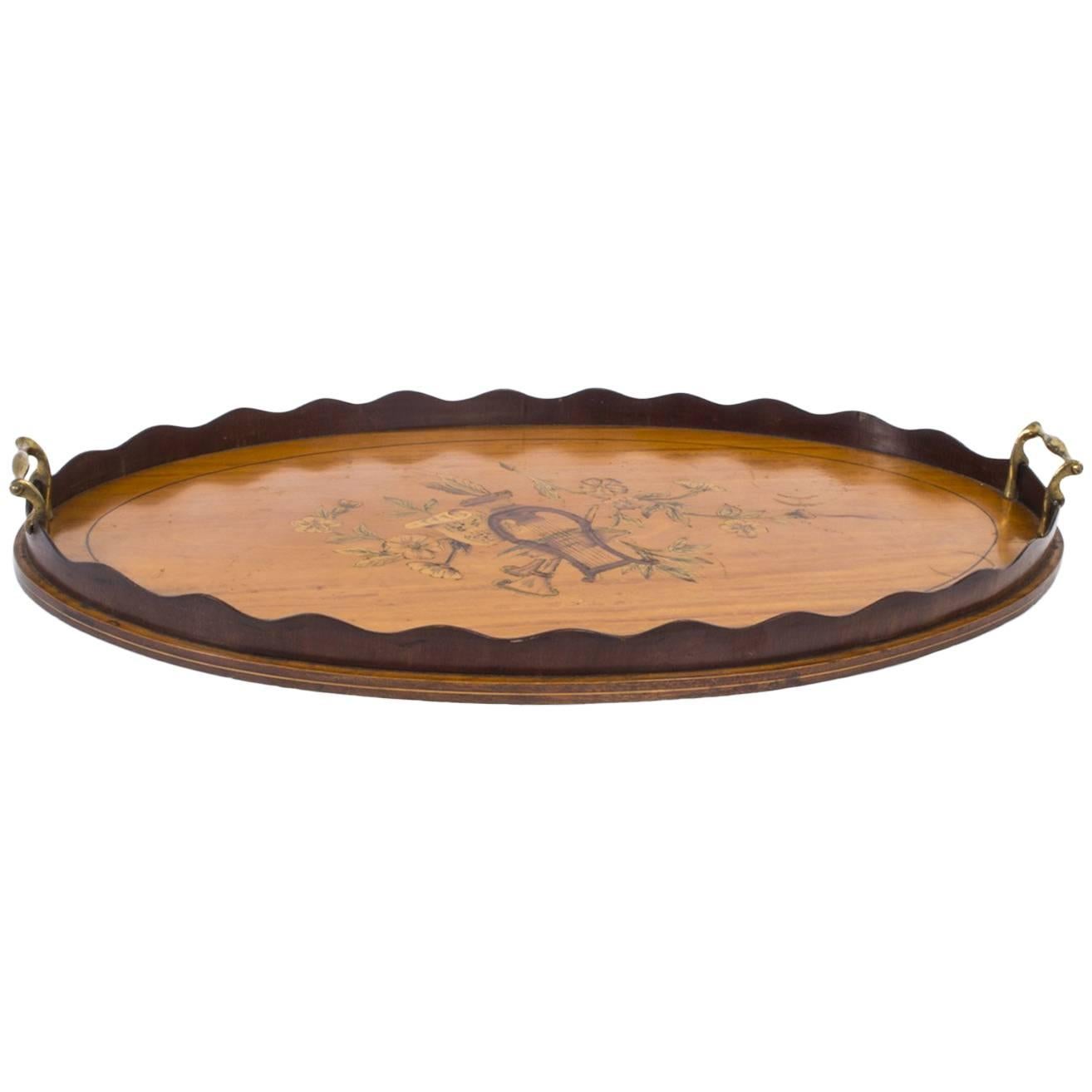 Early 20th Century Edwardian Oval Satinwood Marquetry Tray