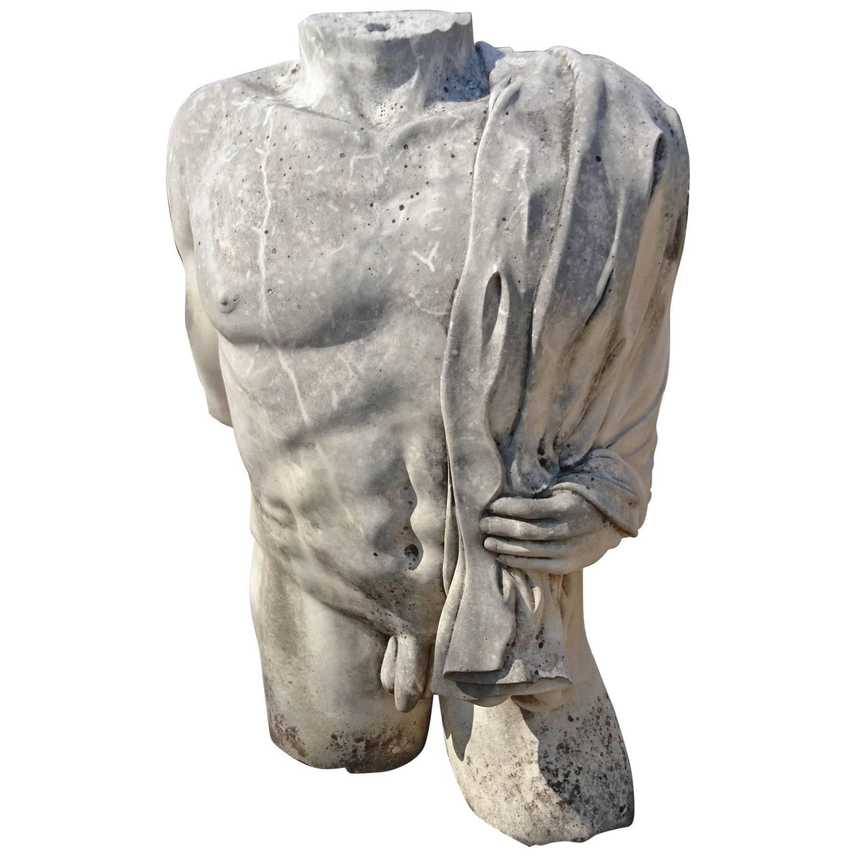 Hand-Carved Sculpture in Stone, Nude Man's Torso Provence, France For Sale