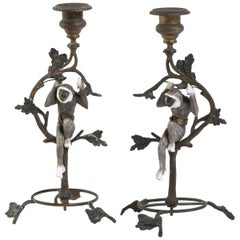 Vintage Pair of French Turn of the Century Brass and Porcelain Monkey Candlesticks