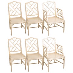 Six 1970s Wood Faux Bamboo Chippendale Style Dining Chairs