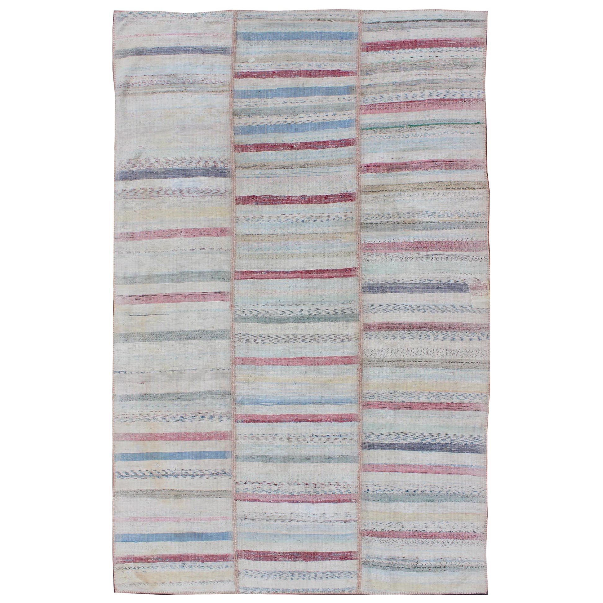 Multi-Panel Vintage Turkish Flat Weave Rug in Pink, Blue, Green and Cream For Sale