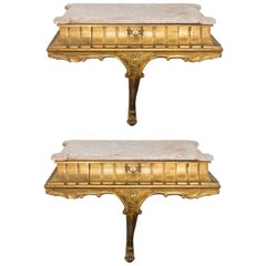 Pair of 1940s Italian Giltwood and Marble Wall Consoles Pair of 1940s Italian Giltwood and Marble Wall Consoles
