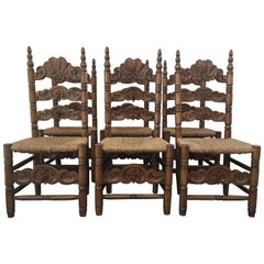 Set of Six Chairs, Turned and Carved Wood, with Straw Seat of the 20th Century