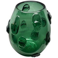 Large Mid-Century Bottle Green Murano Vase with Prunts