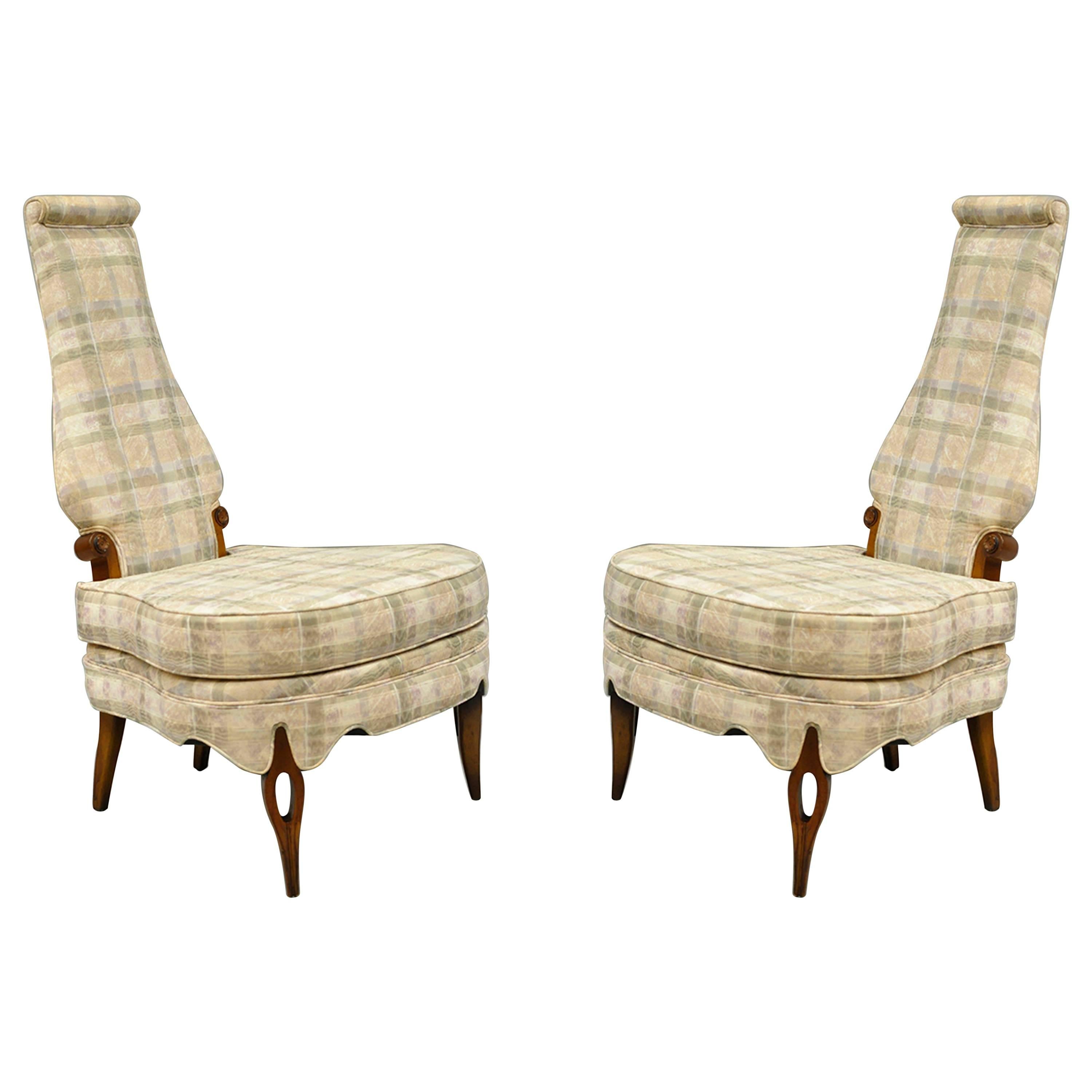 Pair of Hollywood Regency High Back Slipper Lounge Chairs After Dorothy Draper For Sale