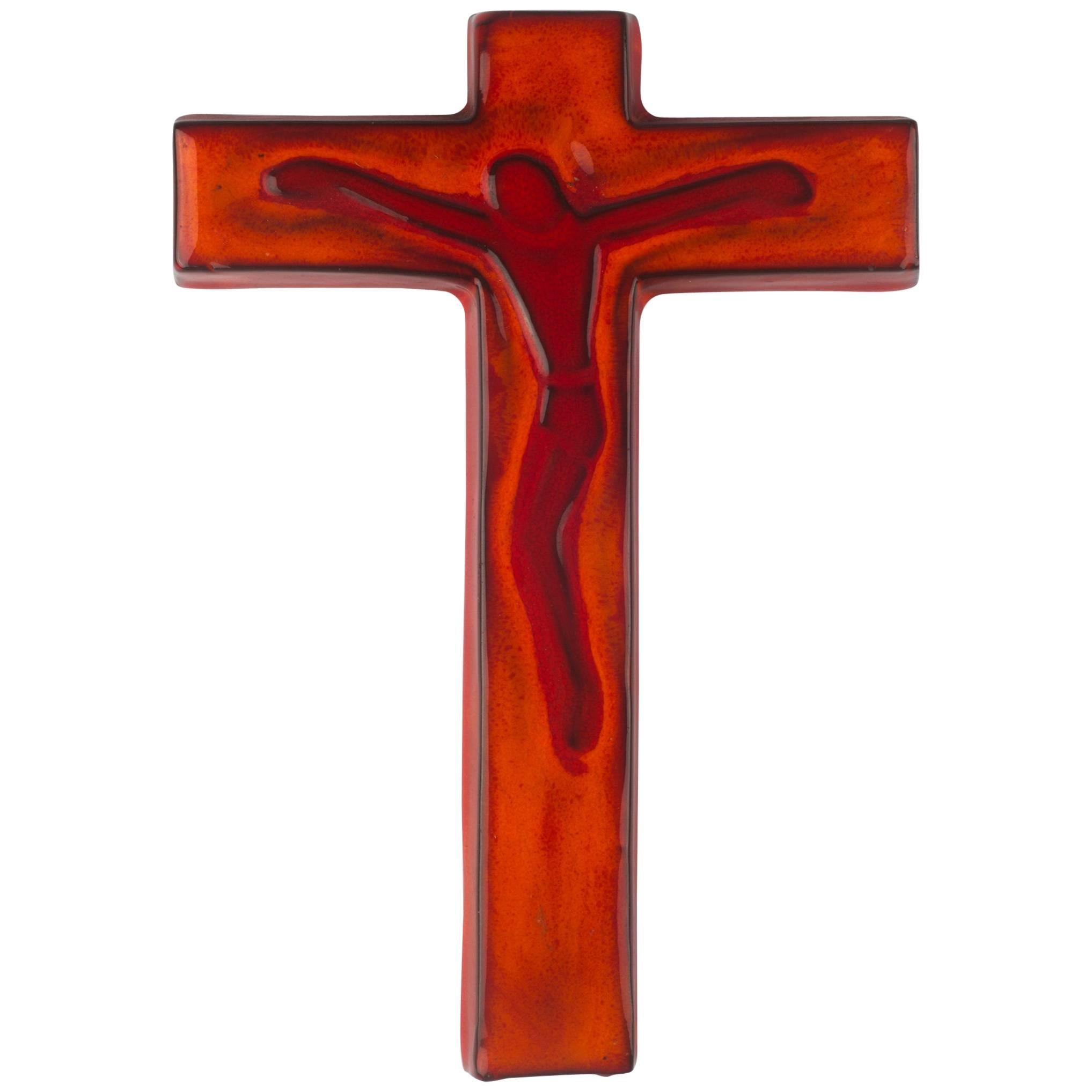 Wall Cross in Ceramic, Orange, Handmade, Belgium, 1960s For Sale