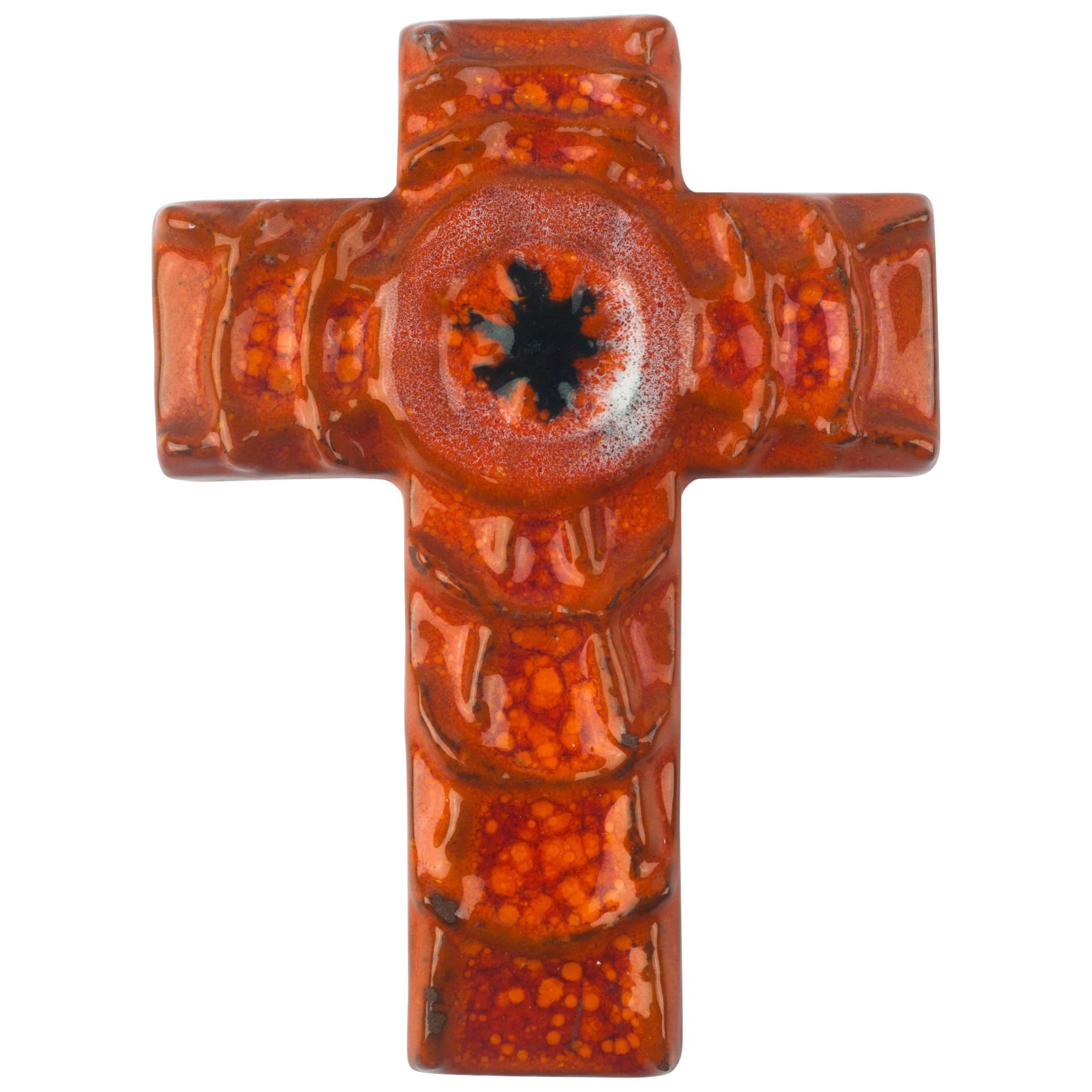 Wall Cross in Ceramic, Orange, Black, Handmade in Belgium, 1970s For Sale