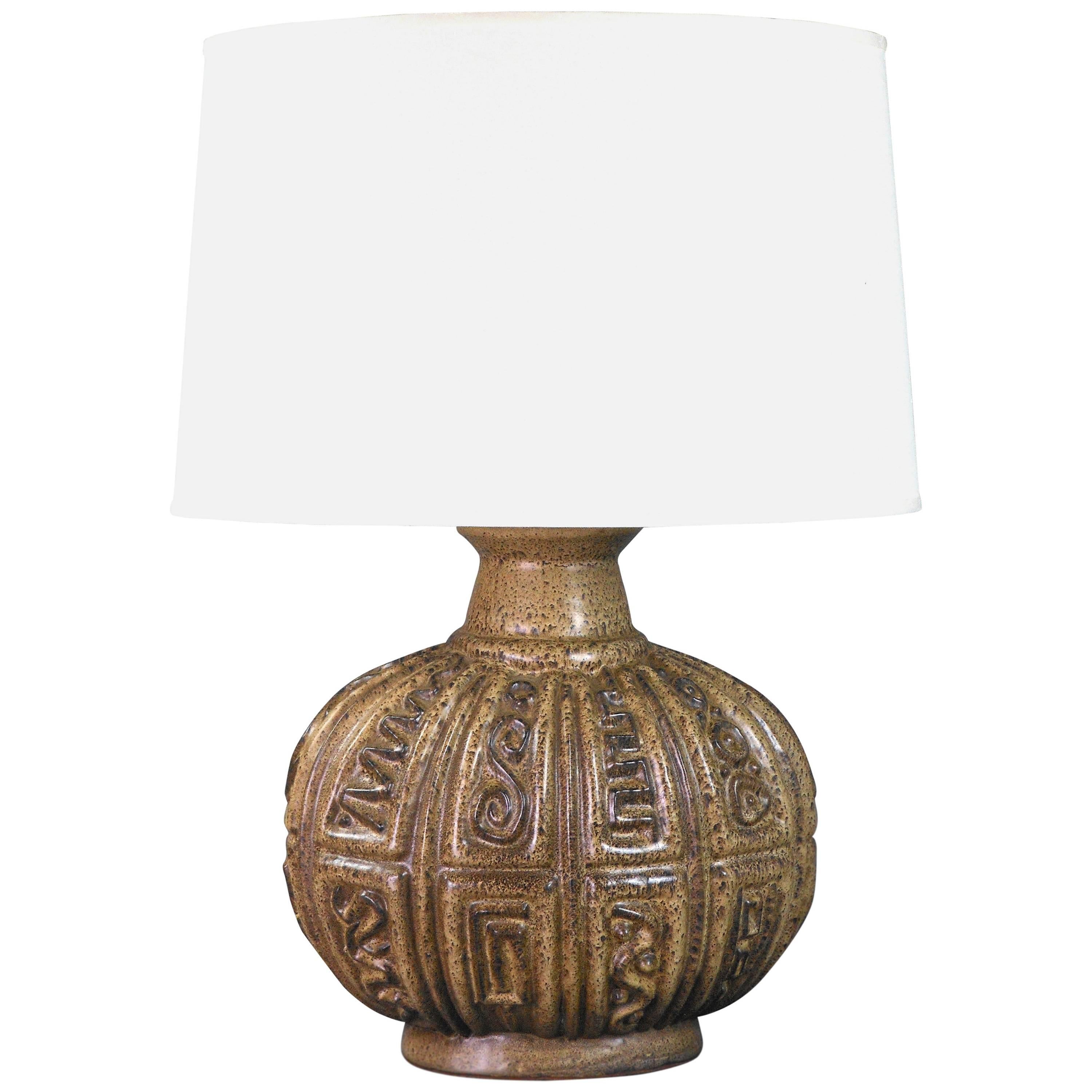 Northern European Ceramic Lamp with Low Relief Geometric Design For Sale