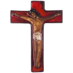 Wall Cross in Ceramic, Red, Brown, Black and White, Handmade in Belgium, 1970s