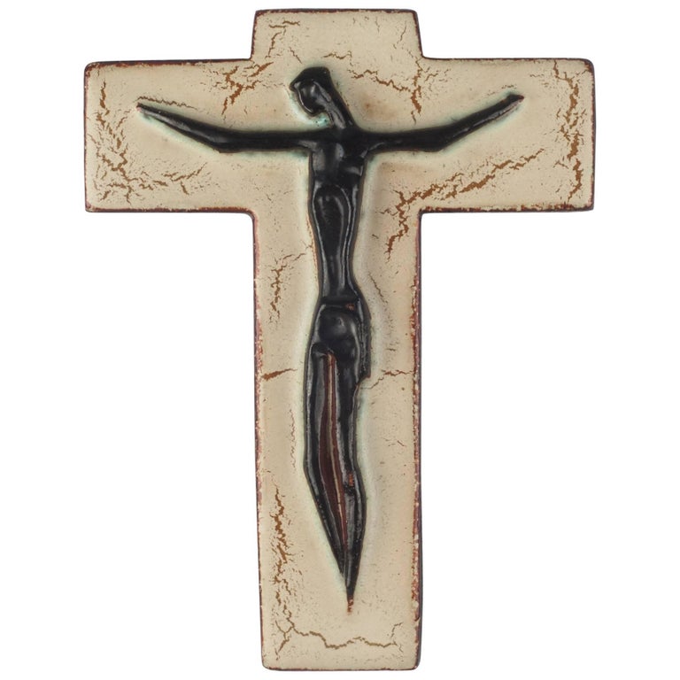 Wall Cross in Ceramic, Black, Brown, Beige, Handmade in Belgium, 1950s