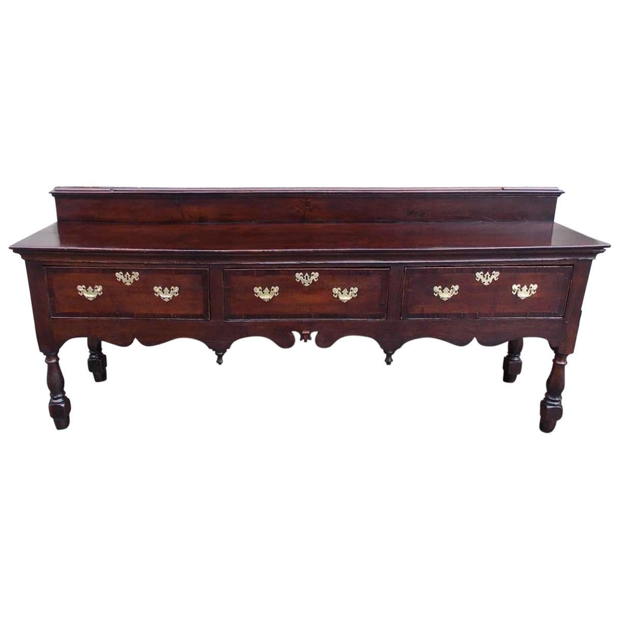 English Oak Three-Drawer Floral Inlaid Scalloped Console, Circa 1770 For Sale