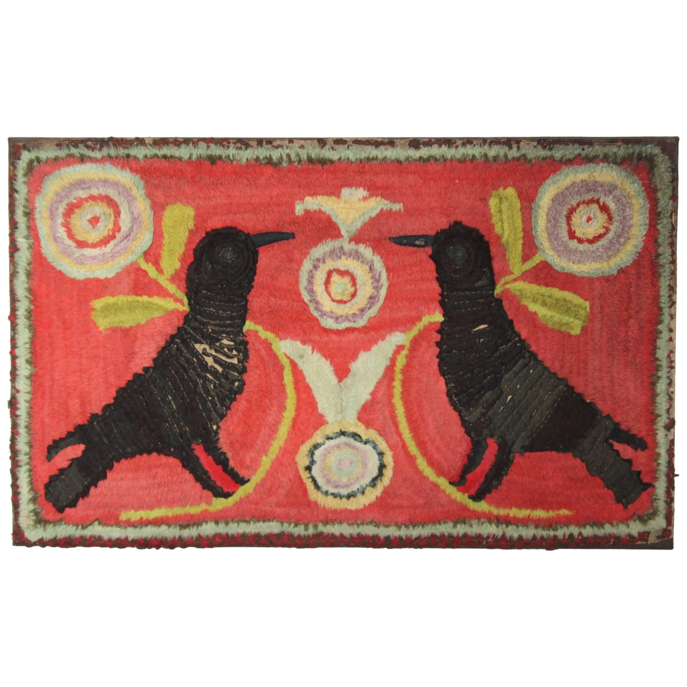 Cotton and Wool Shirred Rug Depicting Two Blackbirds on a Red Ground