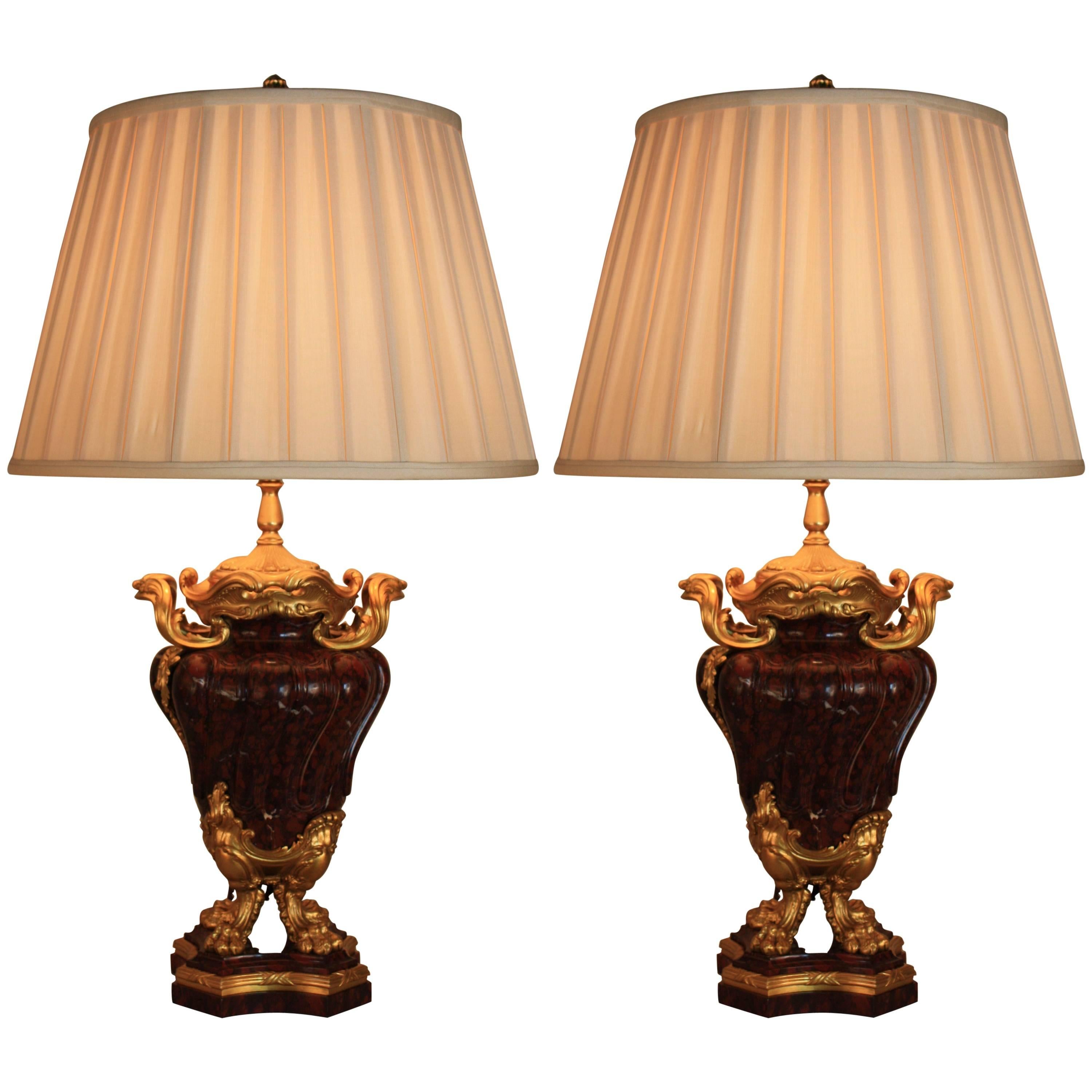 Pair of French Rouge Marble and Gilt Bronze Urn Table Lamps