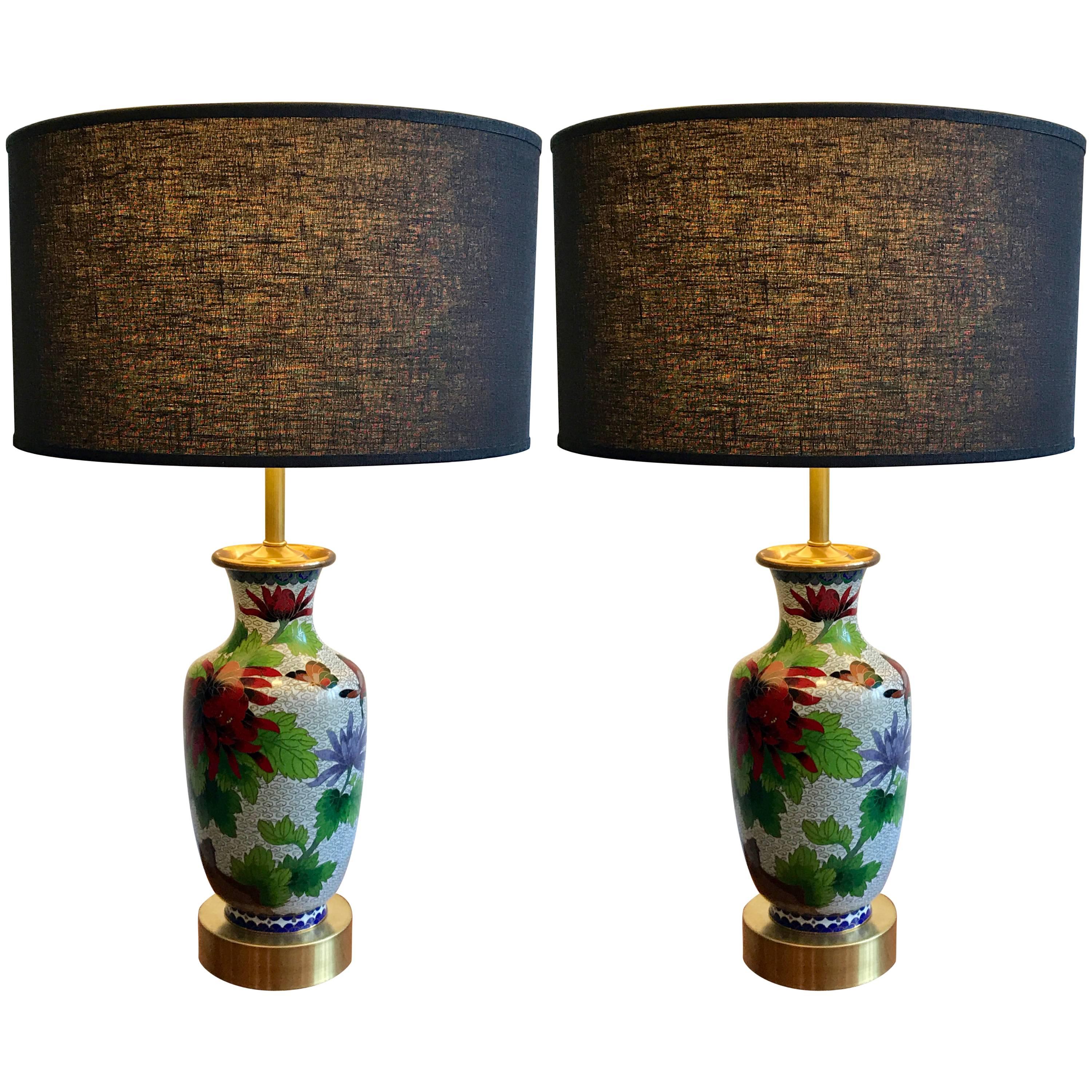 Exquisite Pair of White Antique Chinese Cloisonné Vase Table Lamps, 1950s