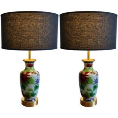 Exquisite Pair of White Vintage Chinese Cloisonné Vase Table Lamps, 1950s