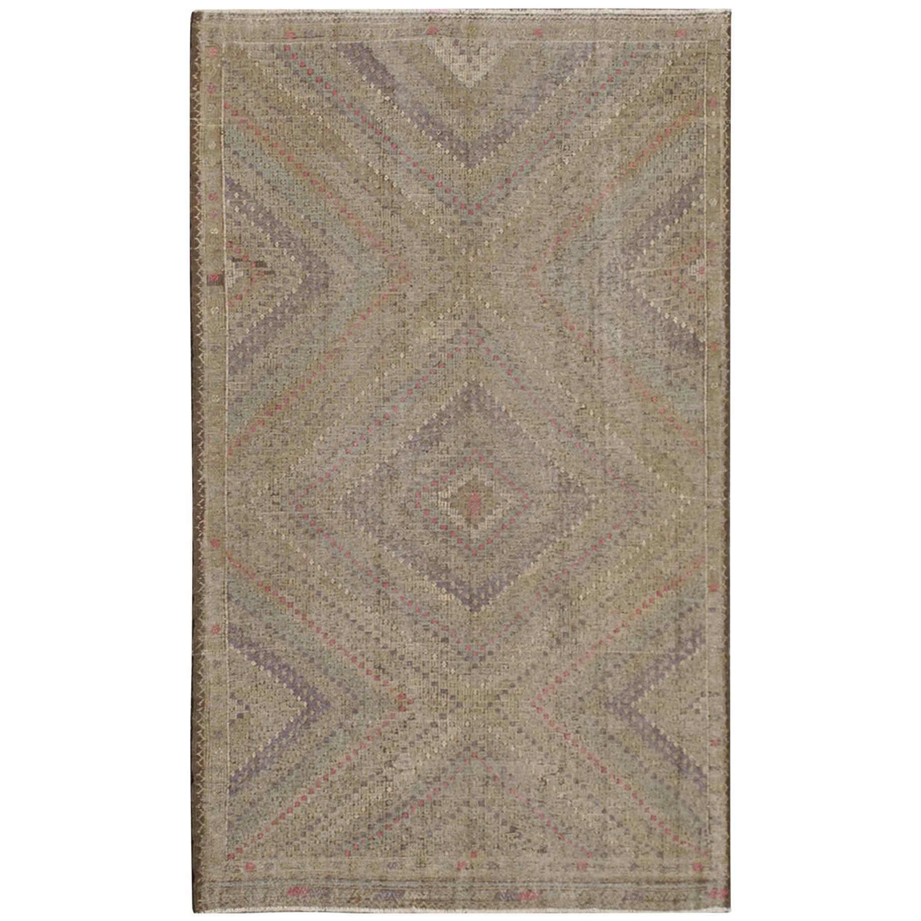 Turkish Kilim Rug with Multi Layered Diamond Design in soft tones of Blue, Green For Sale