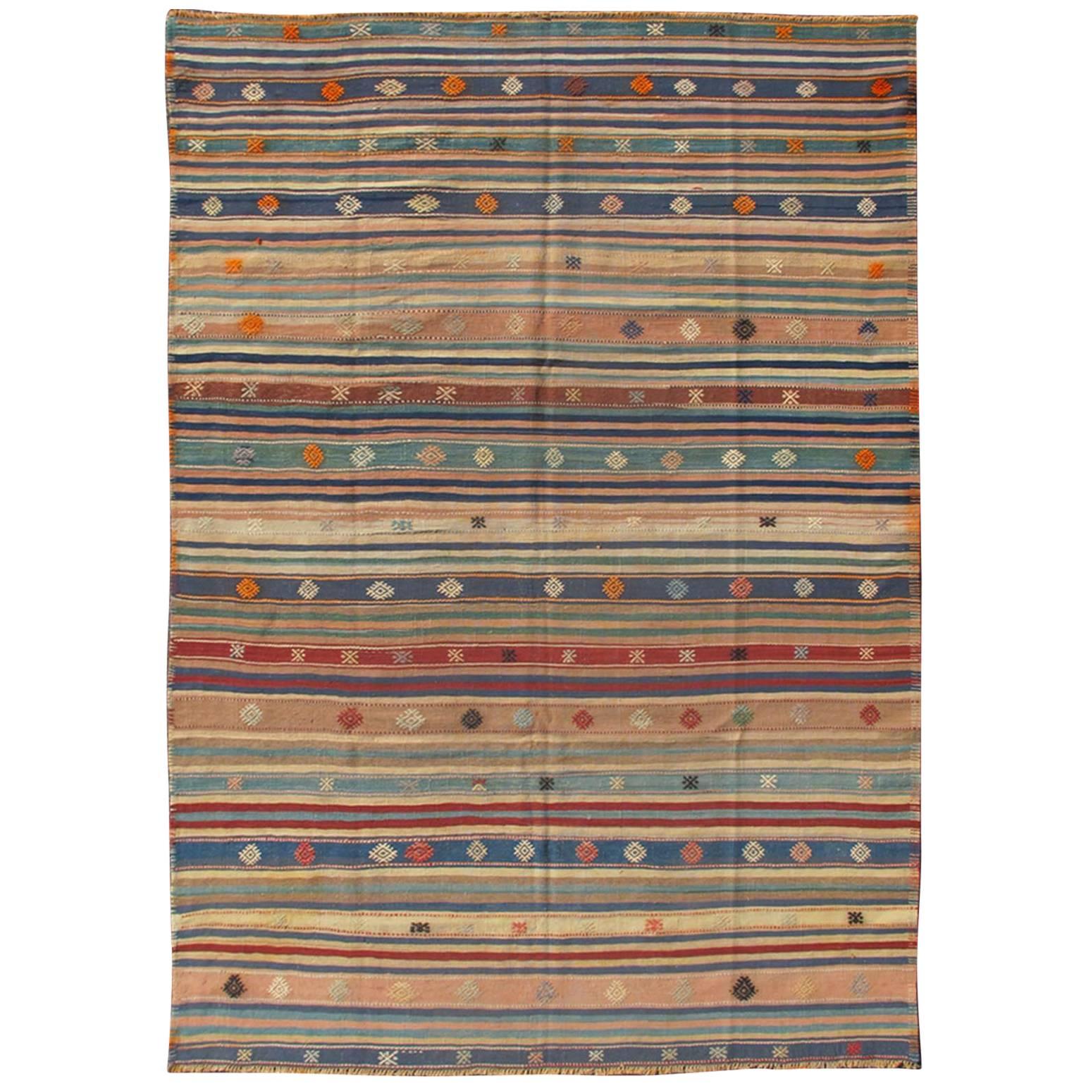 Colorful Vintage Turkish Kilim Rug with Horizontal Stripes and Tribal Designs For Sale