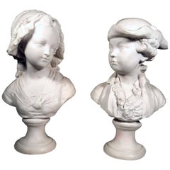 Vintage Pair of French White Cast Marble Busts of Children