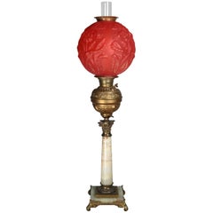 Antique and Large Onyx, Bronze Parlor Lamp W/Ruby Satin Glass Globe, circa 1880