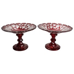 Pair of Antique Cranberry Cut to Clear Compotes with English Ivy, circa 1880