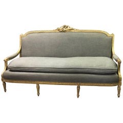 Antique Louis XVI Style Carved Gilt Wood Upholstered Sofa