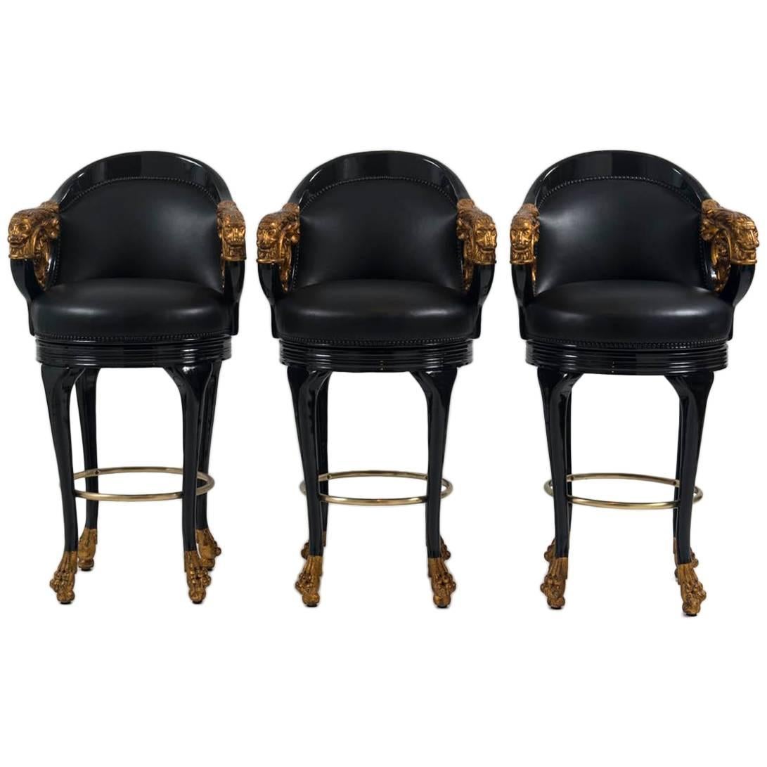 Set of Three Black Lacquered Empire Style Leather Barstools