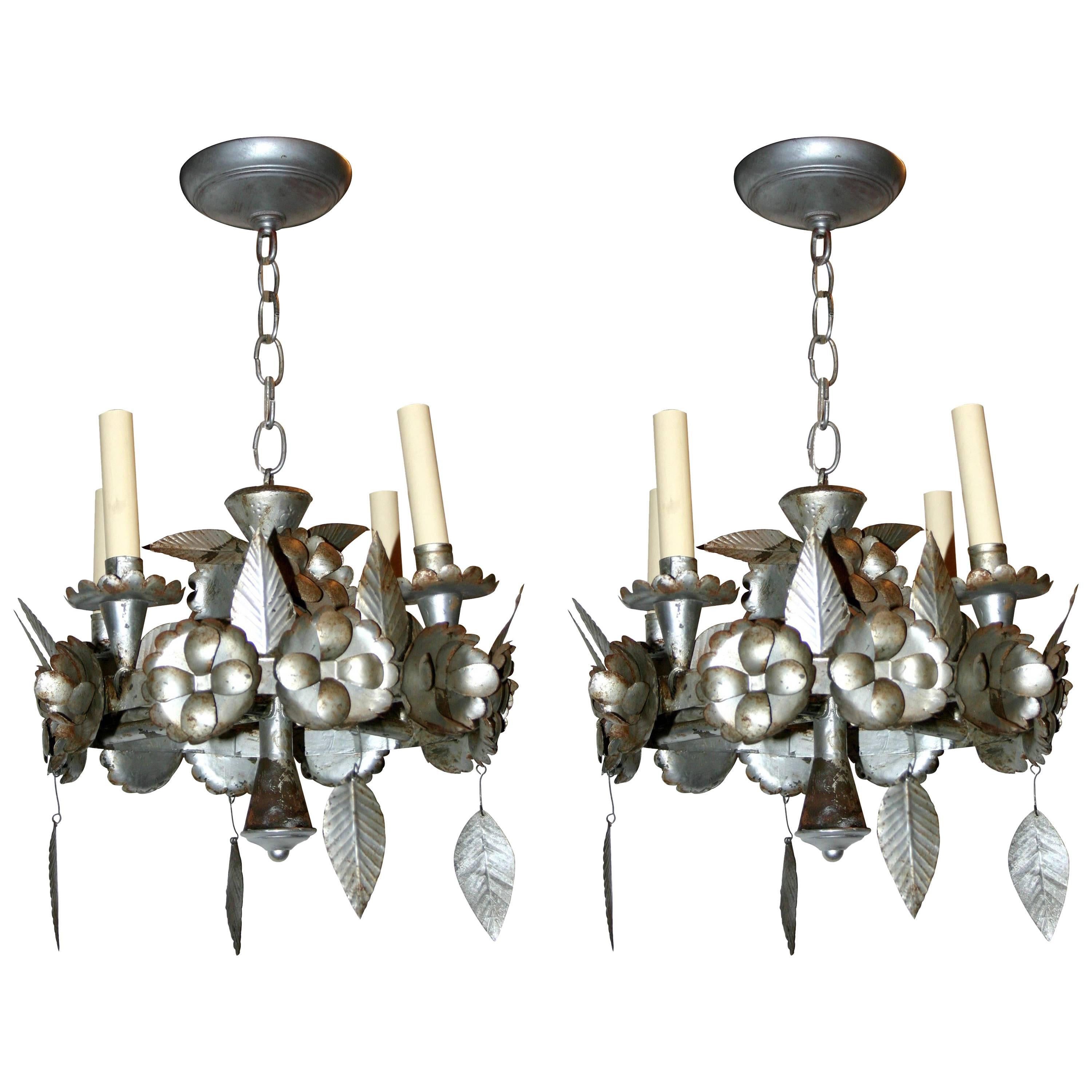 Pair of Silver Tin Chandeliers, Sold Individually. For Sale
