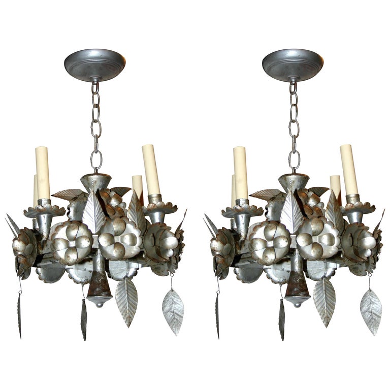 Pair of Silver Tin Chandeliers, Sold Individually.
