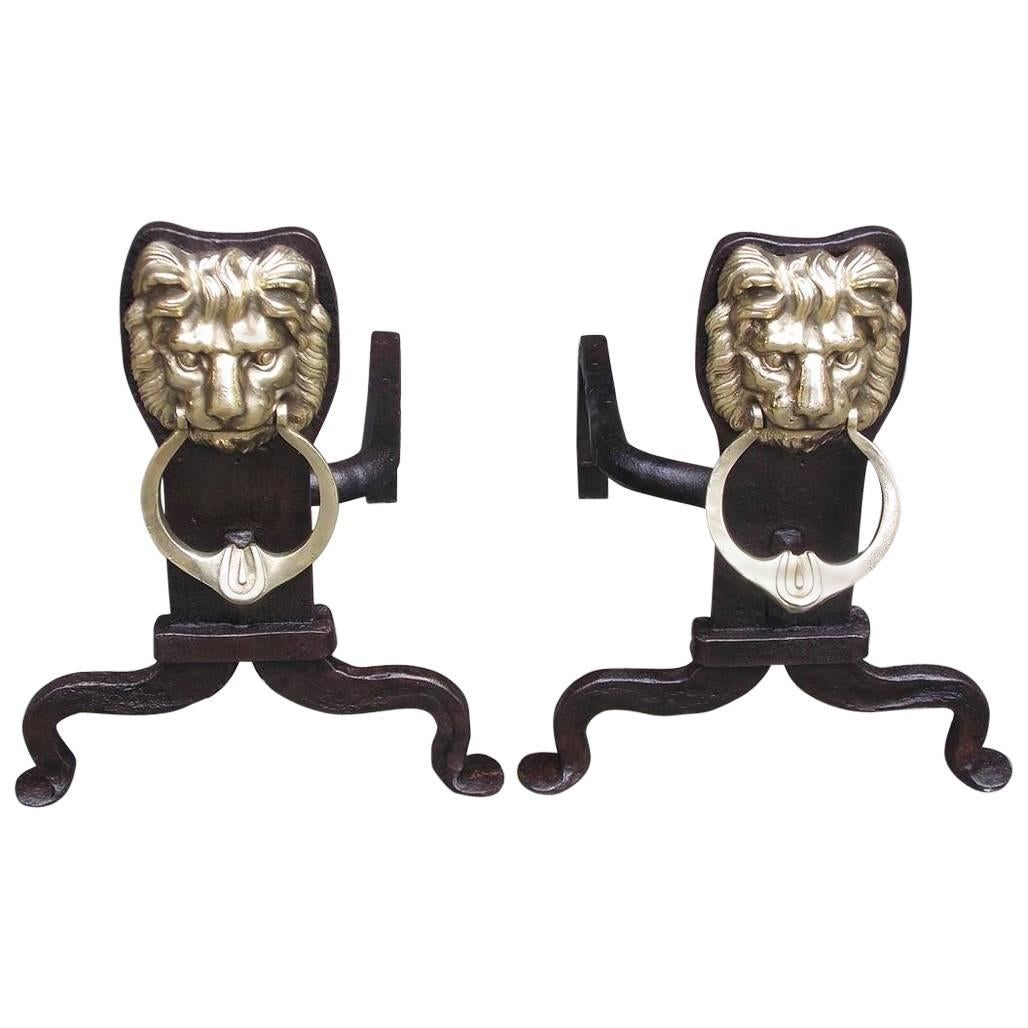 Pair of English Lion Brass & Wrought Iron Andirons with Penny Feet, Circa 1780