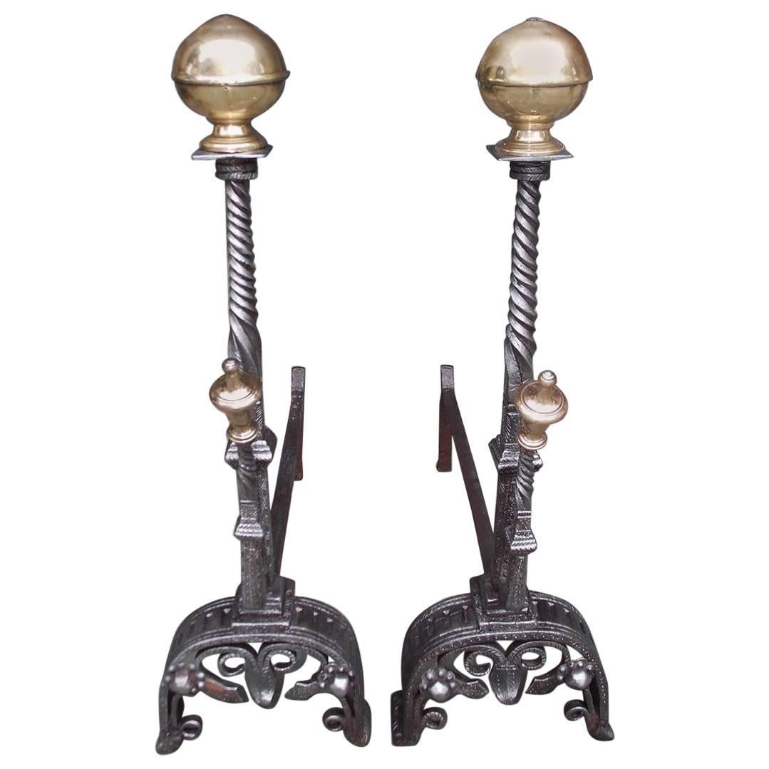 Pair of English Brass Ball Top and Wrought Iron Chased Andirons, Circa 1780 For Sale