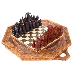 Carved Wooden Inlaid Hinged Folding Chess Set