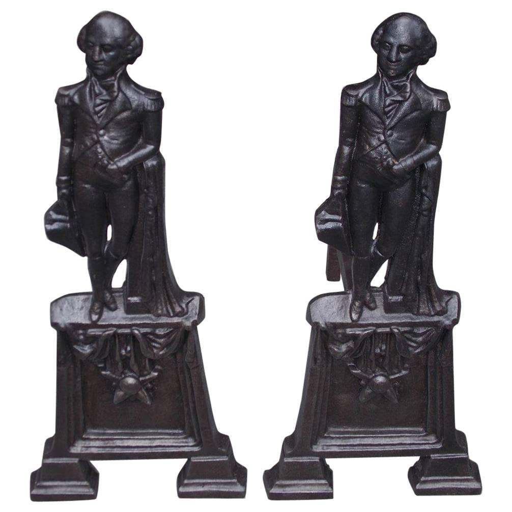 Pair of American Cast Iron George Washington Campaign Andirons, Circa 1840 For Sale
