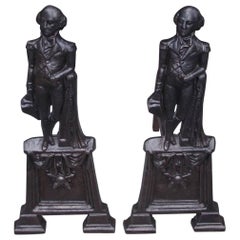 Antique Pair of American Cast Iron George Washington Campaign Andirons, Circa 1840