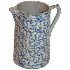 19th Century Spongeware Pitcher with Embossed Image of Girl and Dog
