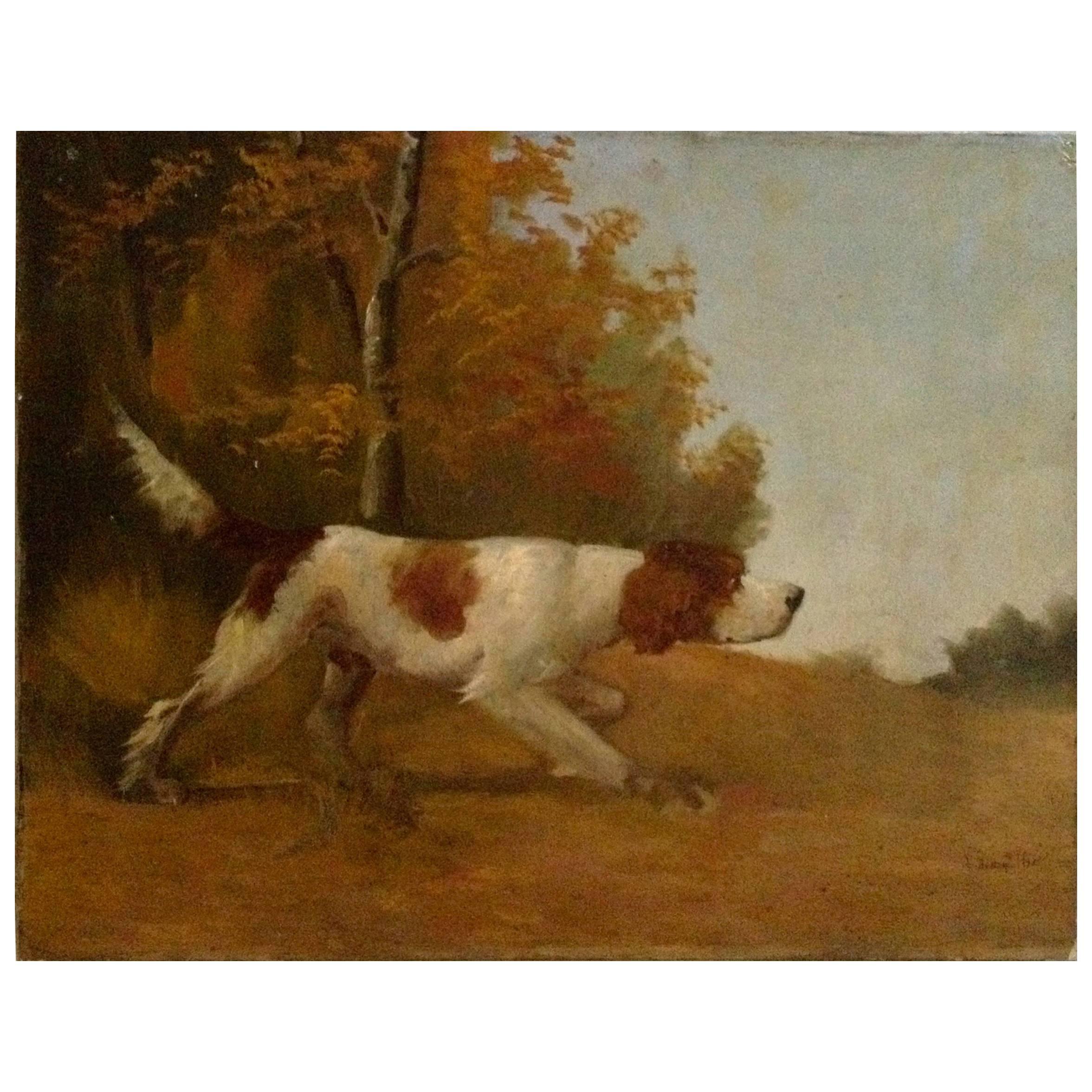 Early 20th Century French Painting of Hunting Dog on Canvas