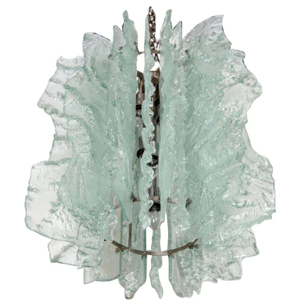 Mid Century Modern Large Ice Glass Chandelier with Relief Design
