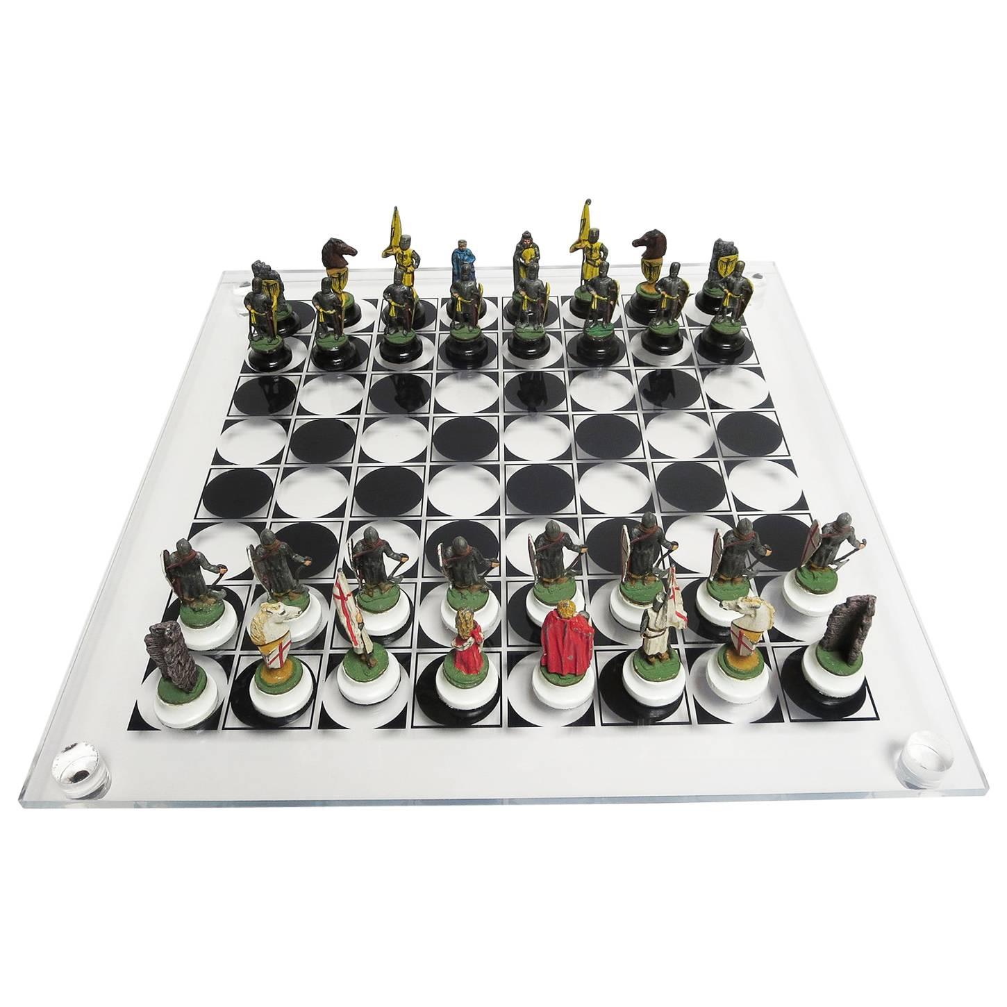 Chess Set with Painted Lead Medieval Figures on Lucite Board For Sale