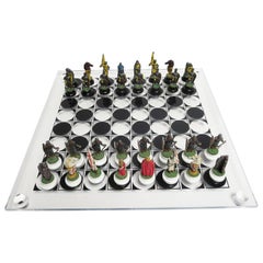 Chess Set with Painted Lead Medieval Figures on Lucite Board