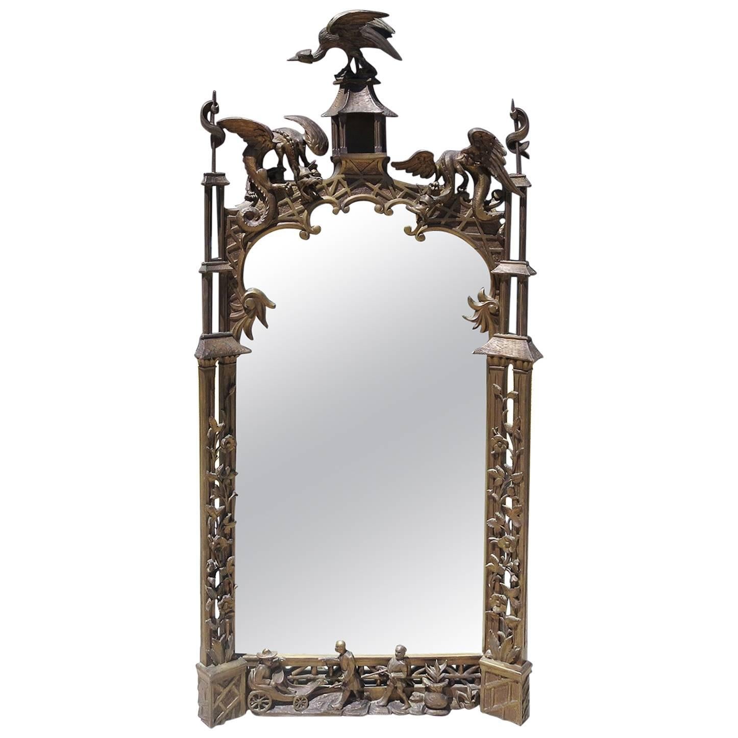 Finely Carved Chinoiserie Pagoda Wall Mirror with Dragons