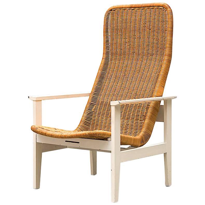 Dirk Van Sliedregt High Back Rattan Lounge Chair with White Frame