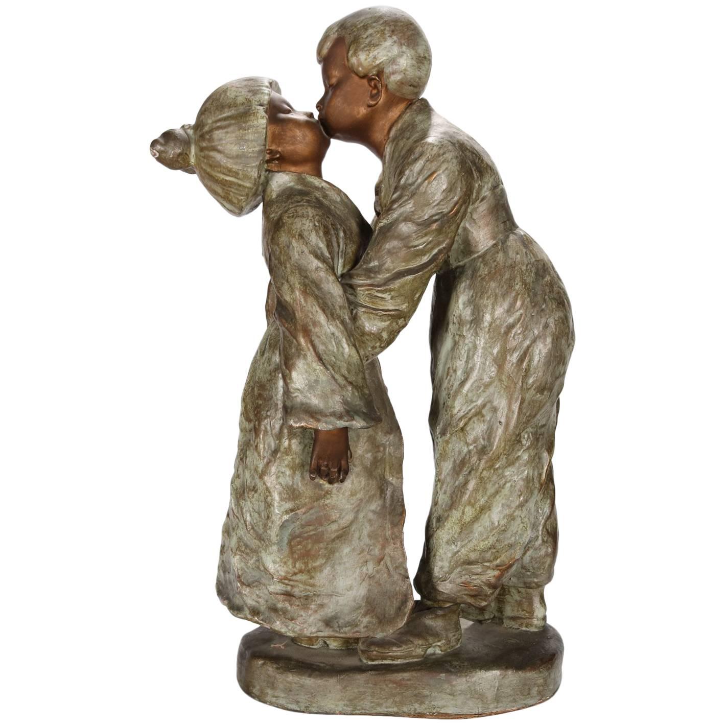 Antique Chinese Figural Bronzed Terracotta Statue, Young Love, circa 1920