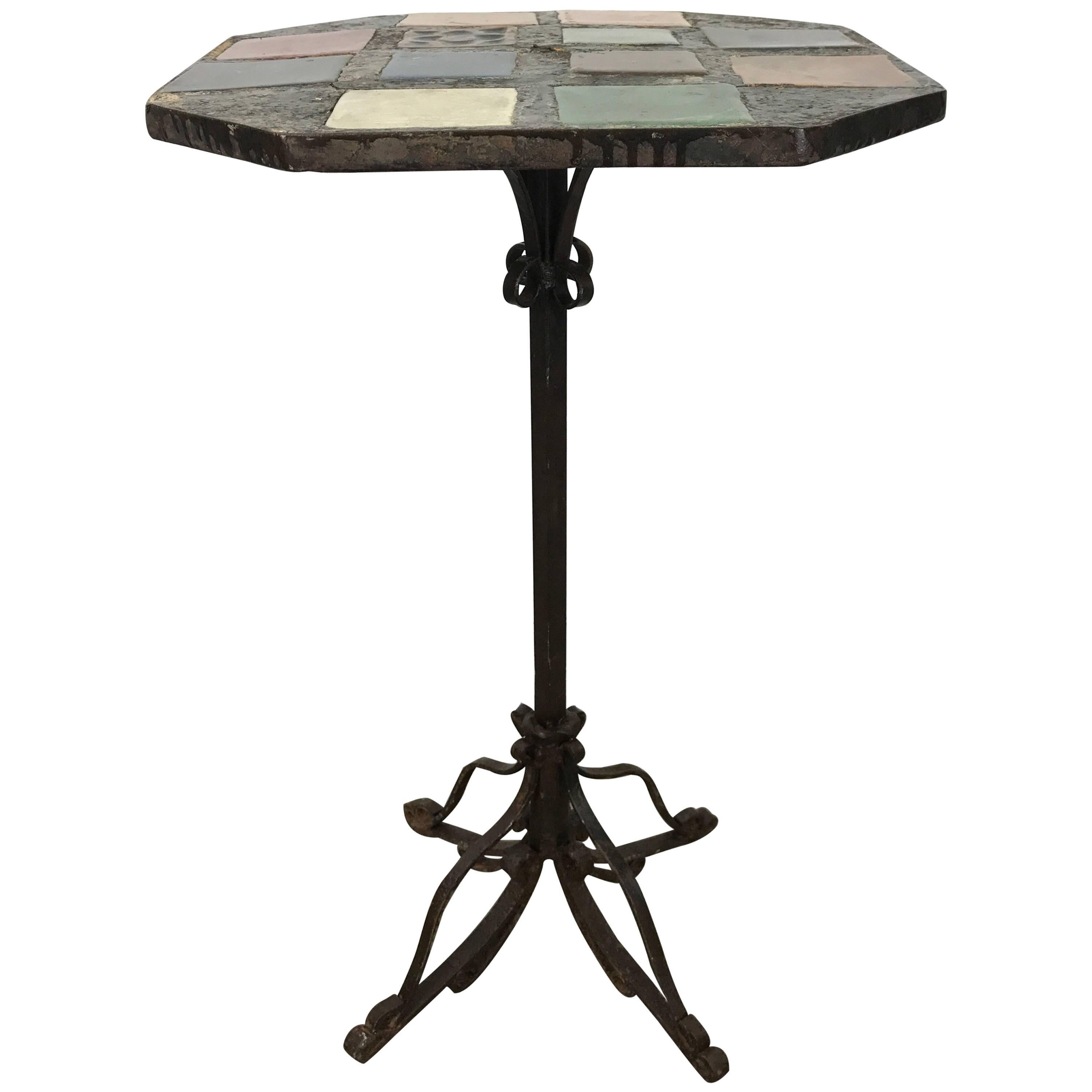 Stunning Arts and Crafts Iron and Tile-Top Stand or Table, Italy