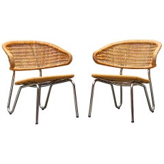 Rare Pair of Dirk Van Sliedregt Rattan Low Lounge Chairs