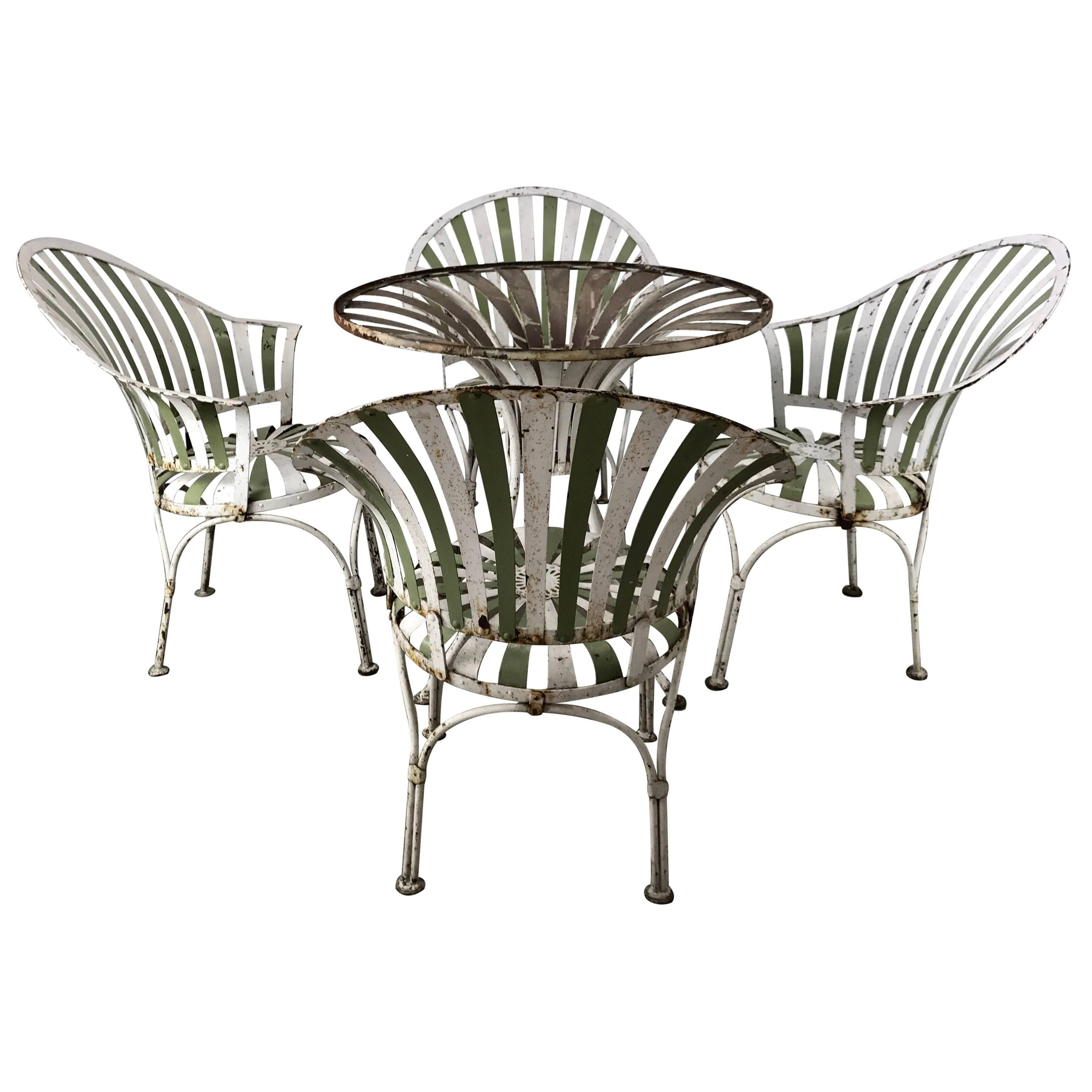 1930s Art Deco Metal Fan Back Garden Set, Table and Chairs by Francois Carre