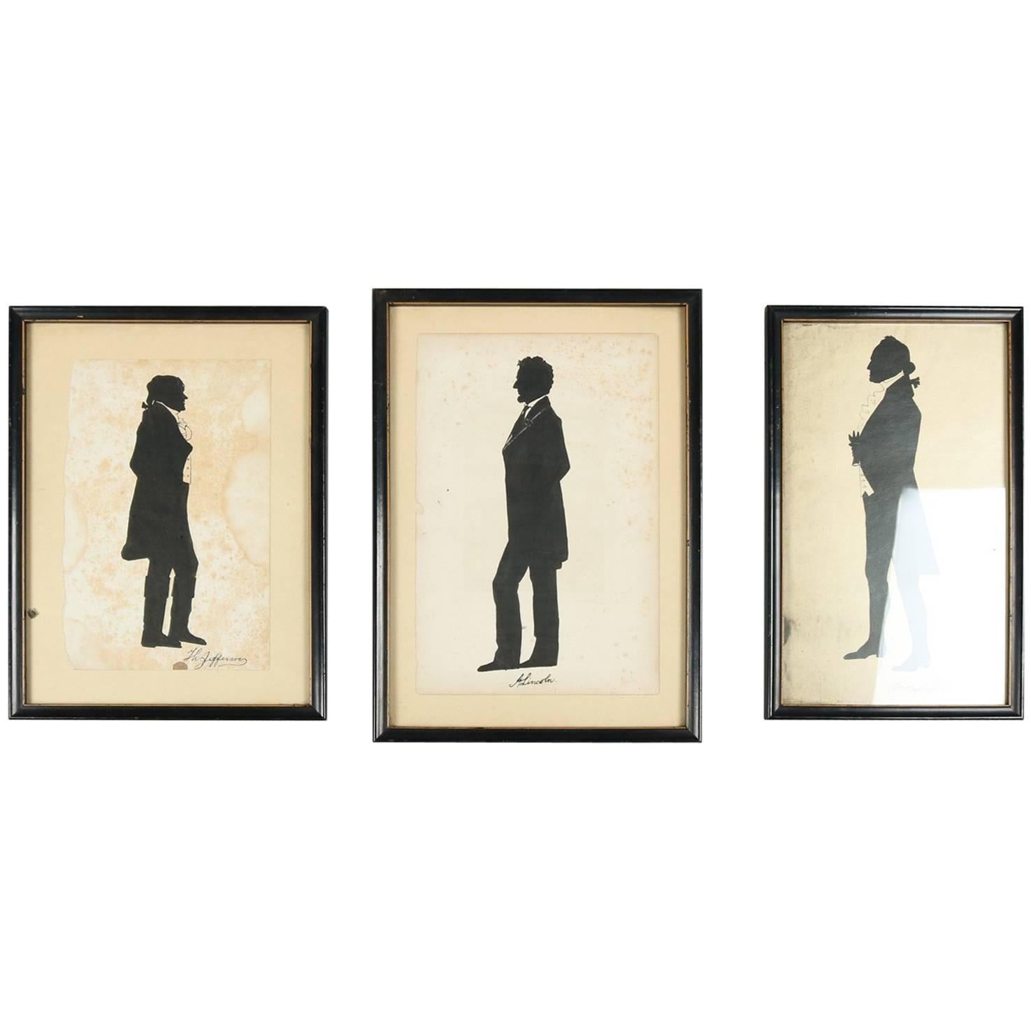 Three Framed Presidential Silhouettes of Washington, Jefferson & Lincoln