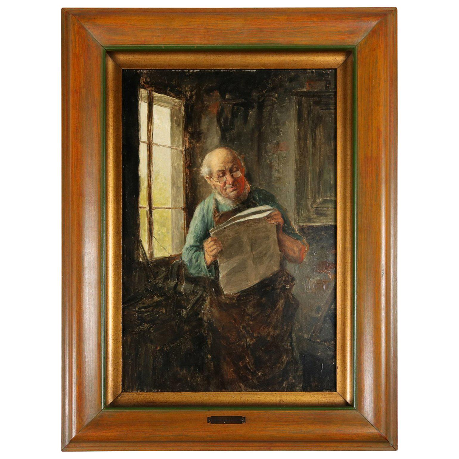 Antique Oil on Board Painting "Blacksmith" by R. Alvin, 19th Century