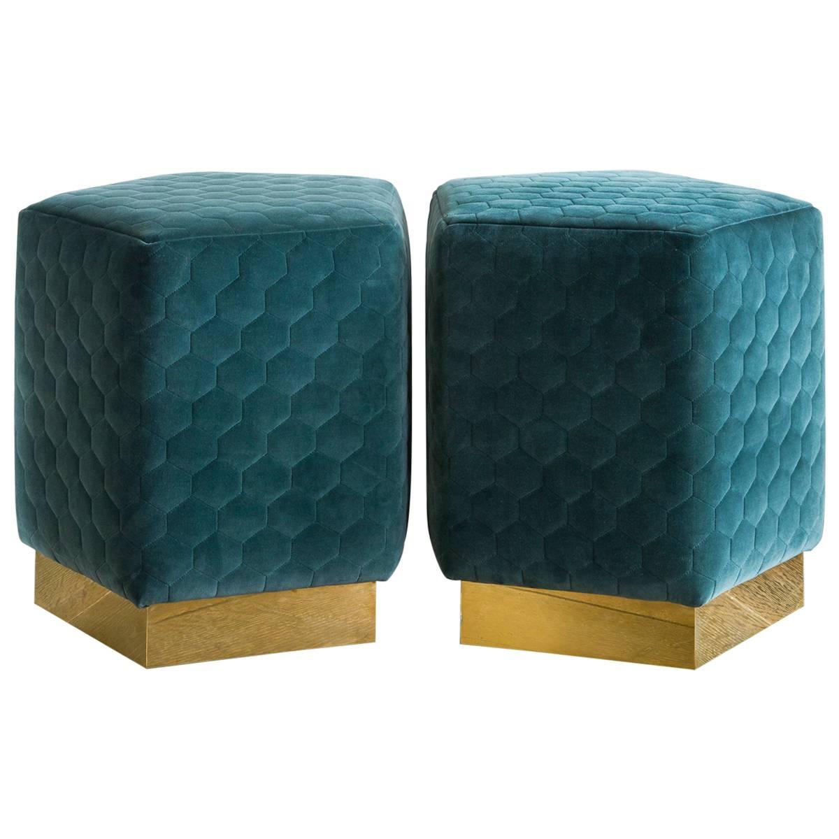 Ermes Pentagon Pouf in Quilted Velvets and Brass or Steel Powder-Coated Plinth For Sale