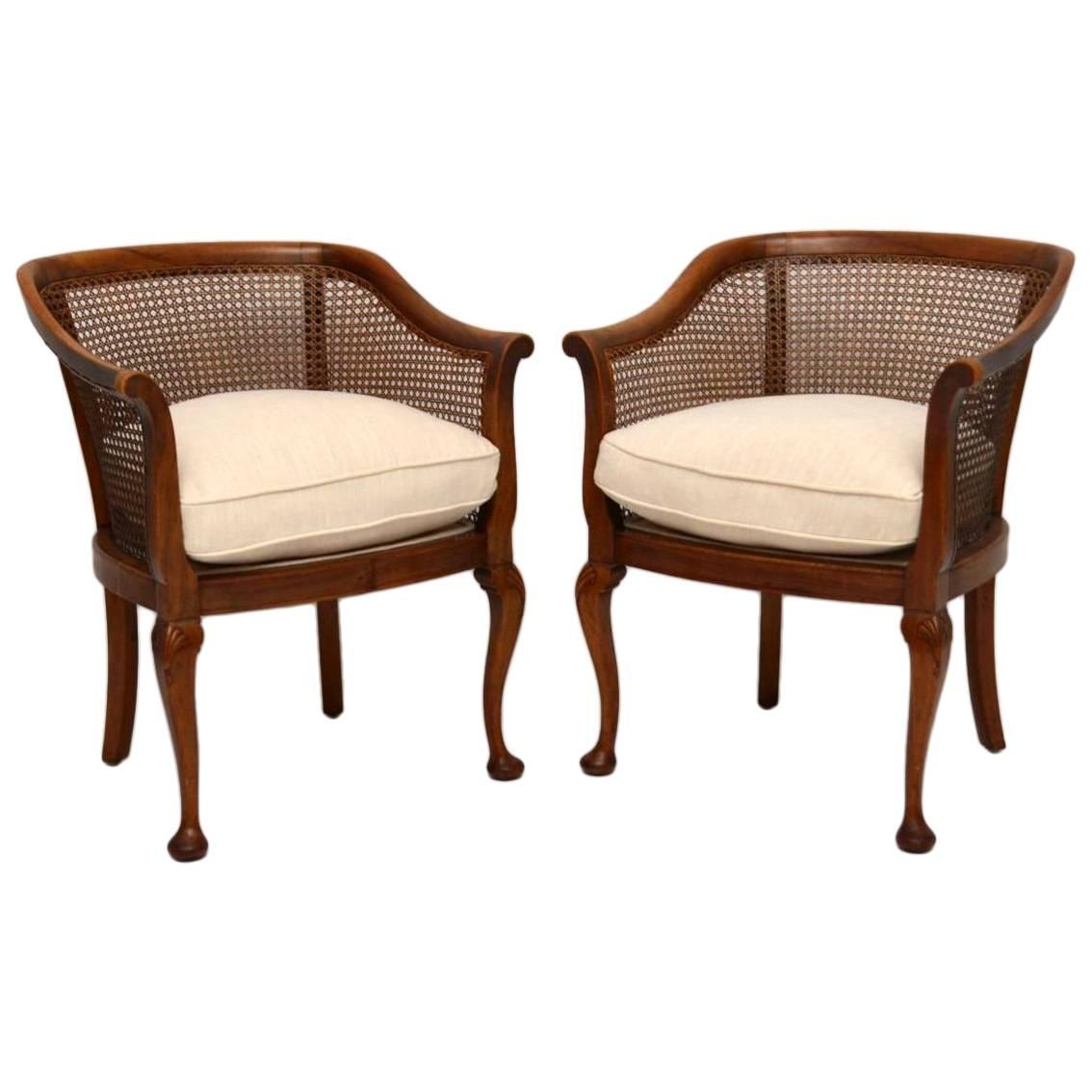 Pair of Antique Mahogany Caned Bergere Armchairs